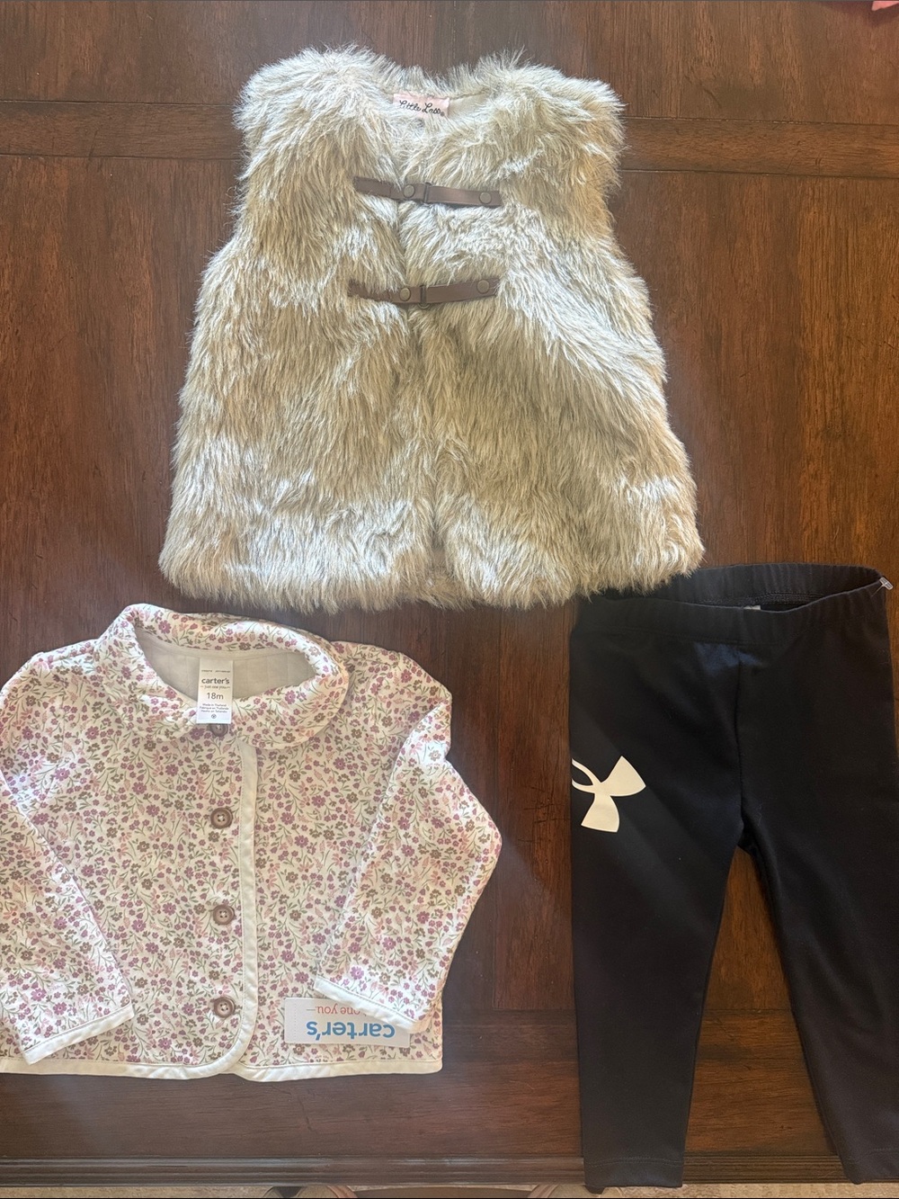 Faux Fur Vest in Light Taupe, pants and button up thin top, Size 18M